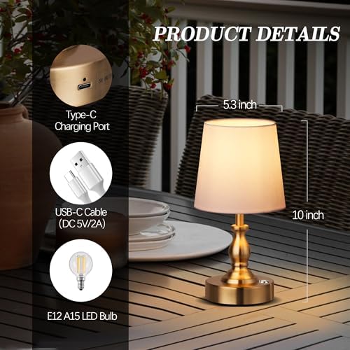 PARTPHONER Mini Cordless LED Table Lamp, 5200mAh Rechargeable Battery Operated Lamp, 3-Level Brightness, Touch Dimmable Desk Lamp, Bedside Night Light for Patio Camping Restaurant Home, Antique Brass - Image 5
