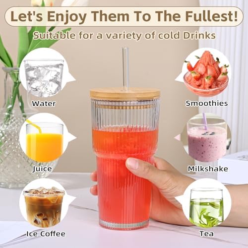 20oz Ribbed Glass Tumblers with Lids and Straws, 2 PCS Iced Coffee Cups,Glass Coffee Cups with Bamboo Lid,Vintage Glassware for Whiskey Cocktail Beer - Image 3
