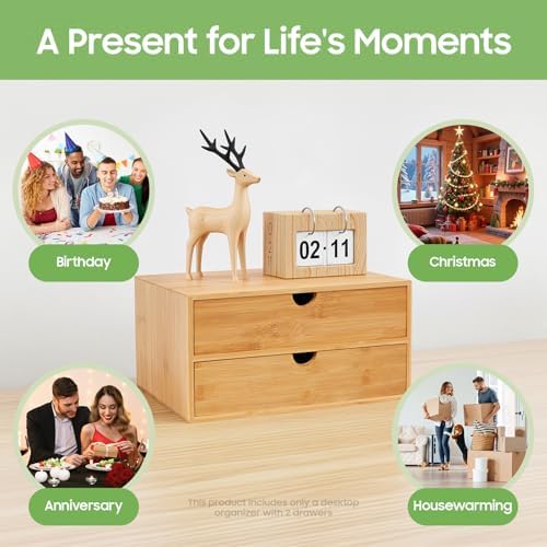 Desk Organizer, Office Vanity Bamboo Desk Organizer, Mini Bamboo Desk Drawer Tabletop Storage Box with 2 Drawer Night Stand Table Organizer for Makeup Vanity Office Supplies (2 Drawer) - Image 6