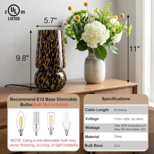 9.8″ Mushroom Glass Table Lamp, Dimmable Modern Beside Lamp, Tortoiseshell - Image 2