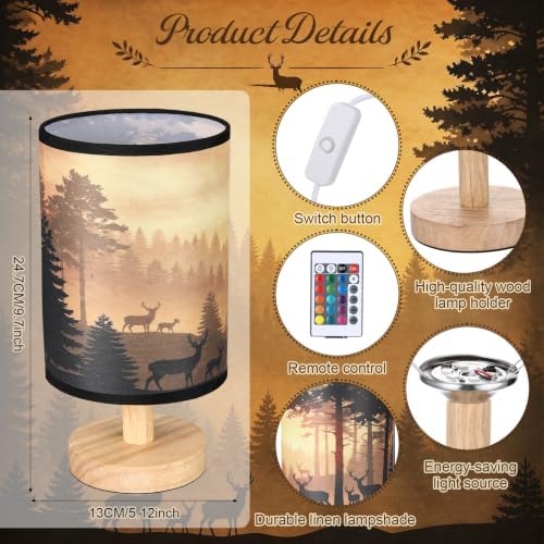 VIHOSE Rustic Deer Table Lamp Brown Forest Lampshade Nightlight Wood Base - Image 2