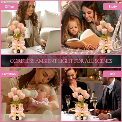 Tulip Flower Lamps, Rechargeable Cordless Small Desk Lamp, 3 Colors Dimmable Artificial Flowers Night Light, Fake Bouquet 5 Tulip with Crystal Vase for Home Date Party Decoration (Tulip-Pink) - Image 5