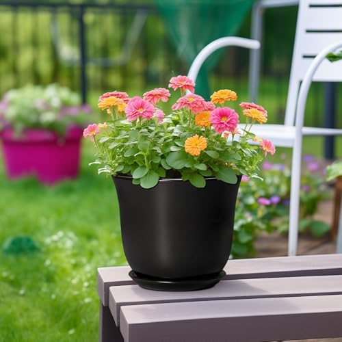 8 Inch Plant Pot - Ceramic Pots for Plants with Drainage Hole and Saucer, Round Planter for Indoor Outdoor, Modern Flower Pot, Gifts for Plant Lovers, Home Room Garden Porch Decor, Black - Image 4
