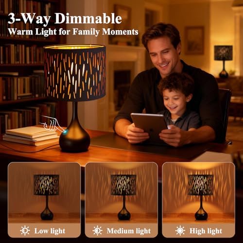 ONEWISH Touch Bedside Lamp for Bedroom, 3-Way Dimmable Table Lamps for Nightstand, Black Cutout Shade with Gold Lining Desk Lamp for Living Room, End Tables, LED Bulb Included - Image 2