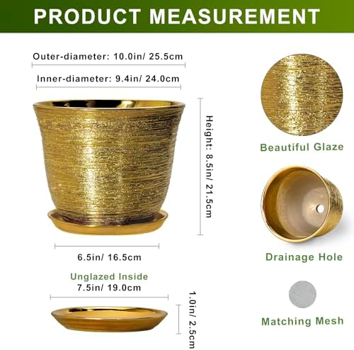 Ceramic Planter - 10 Inch Plant Pot with Drainage Hole and Saucer, Round Flower Pots for Indoor Outdoor, Large Modern Decorative Planter, Garden Room Home Decor, Gifts for Plant Lover, Gold - Image 2
