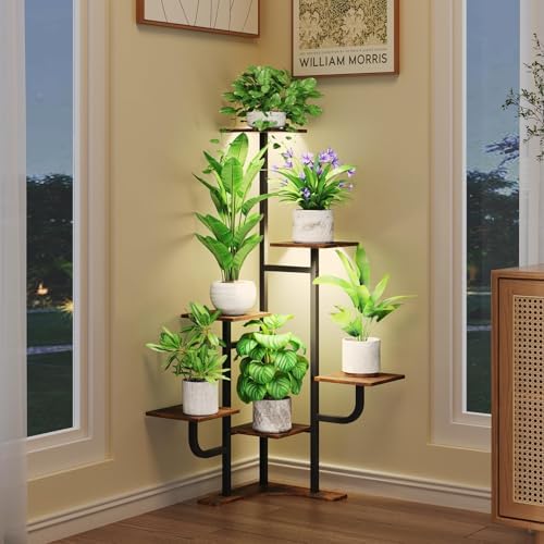 Homsorout Corner Plant Stand with Grow Light - 6 Tier Plant Stand Indoor Square Metal Plant Shelf with Adjustable Light, Plant Organizer for Living Room, Graden, Home Decor, Brown by Homsorout