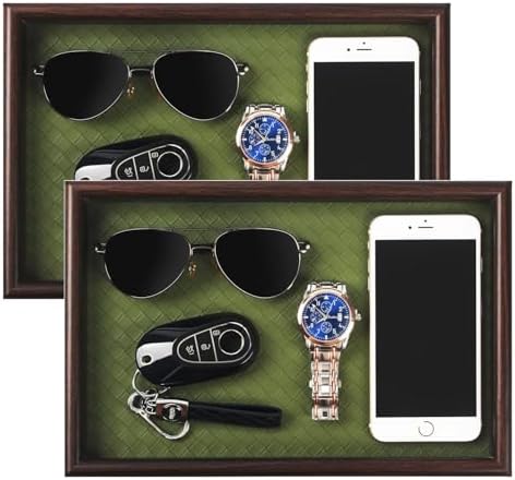 Wooden Valet Tray with Leather Base - Nightstand Catchall Organizer for Cologne, Perfume, Keys, Wallet, Phone, Watch, Jewelry & Sunglasses (2Pcs Green) by Zosenley