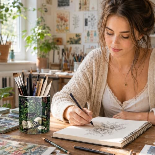 Cute Pen Holder for Desk, Ceramic Pencil Holder Pen Cup Marker Holder Makeup Brush Holders, Desk Accessories & Workspace Organizers for Home, Office, Skull - Image 5