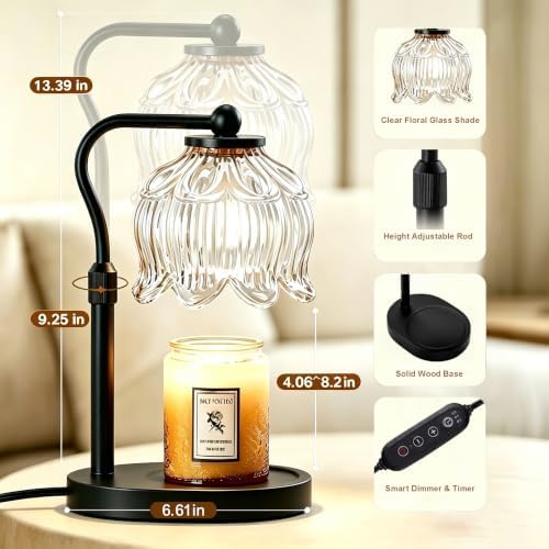 Briever Flower Candle Warmer Lamp, Adjustable Height Electric Candle Lamp with Timer & Dimmer, Wooden Base Wax Warmer, Christmas Birthday Housewarming Gifts for Women Mom, Black Wood-Clear - Image 2