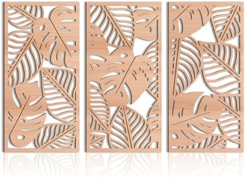 IARTTOP Large Wood Tropical Wall Art 15.9X32 Inch Carved Palm Leaves Wall Decor Coastal Leaf Monstera Plant Wall Sculptures for Living Room Bedroom Set of 3 by IARTTOP