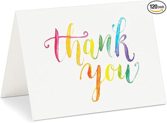 Sustainable Greetings 120 Pack Thank You Cards with Envelopes - 5 x 4-Inch Multicolor Watercolor Rainbow Font - Blank Inside - Bulk Thank You Notes Set for Weddings & Baby Showers