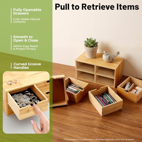 Bamboo Desk Organizer Small Retro Bamboo Tabletop Storage Box with Drawers& Recess Handles for Office Home Supplies Table Storage Collector 13 * 7.5 * 6in (4 Drawers) - Image 4