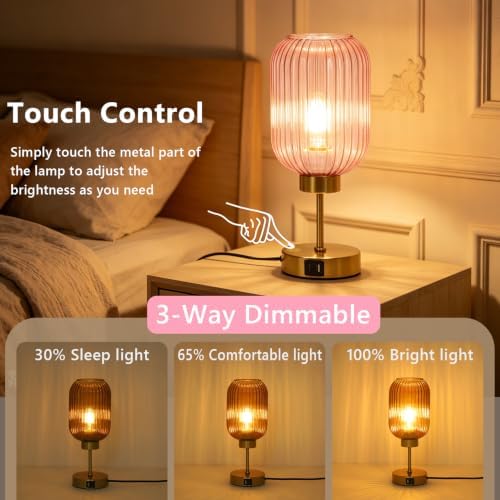 LAMSU Vintage Pink Table Lamp Touch Control, Small Glass Desk Lamp with Bulb, Charging Port, Mid Century Modern Bedside Lamp, 3 Way Dimmable Nightstand Lamp for Bedroom Living Room Home Decor - Image 2