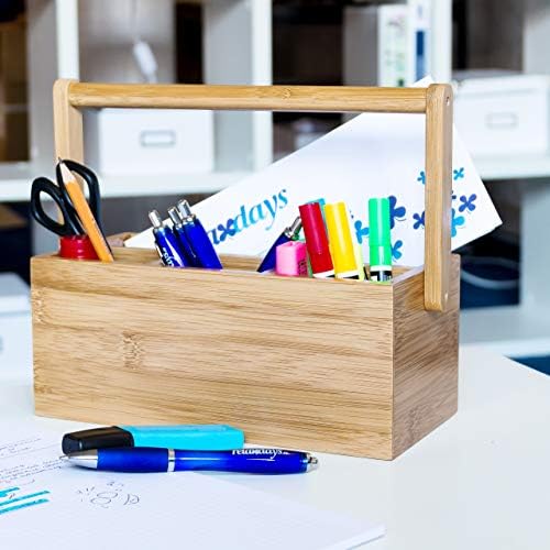 Relaxdays Bamboo Table or Desk Organiser, HxWxD: 20 x 25 x 11.5 cm, with 4 Compartments, Pen or Pencil Holder, with Handle, Natural Brown - Image 2