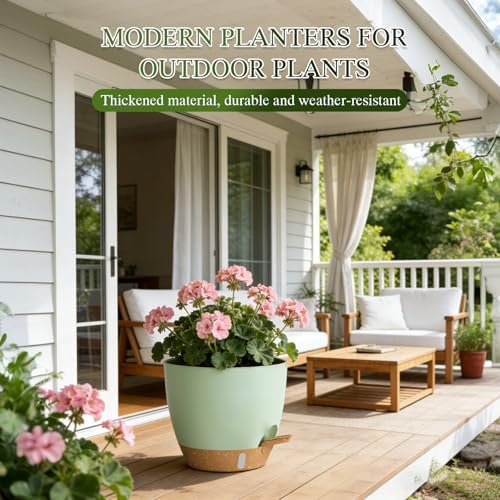 Self Watering Pots with Drainage Holes, 2 Pack 10 Inch Plant Pots with Water Level Indicator Deep Reservoir, Large Plastic Planter for Indoor Outdoor Plants - Green - Image 6
