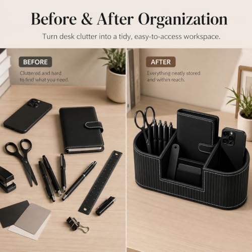 KINGFOM Modern Leather Desk Organizer for Men & Women, Aesthetic Office Desk Accessories Organizer, Faux Leather Vanity Organizer for Pens, Makeup Brushes, Remote Controls, Black Minimalist Desk Decor - Image 6