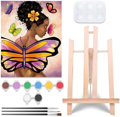 VOCHIC Pre Drawn Canvas for Painting for Adults Paint and Sip Kit Party Supplies 8x10 in Canvas Butterfly Girl 1 Easel,8 Acrylic Colors,3 Brush,1 Pallet Paint Art Set by VOCHIC