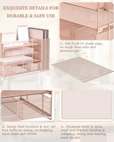 WALI Desk File Organizer, 4 Tier Desktop Paper Letter Tray Organizer with Drawer and 2 Pen Holders, Office Desk Accessories & Workspace Organizers for Office, Home, School Supplies, 1 Pack, Rose Gold - Image 5