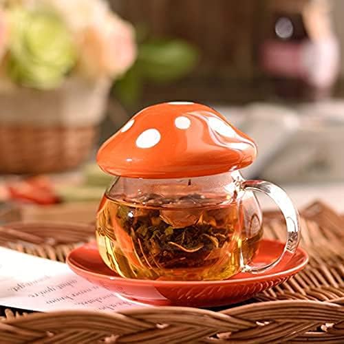 Glass Mushroom Shape Teacup Saucer Set Coffee Mug with Filter Cup - Image 3