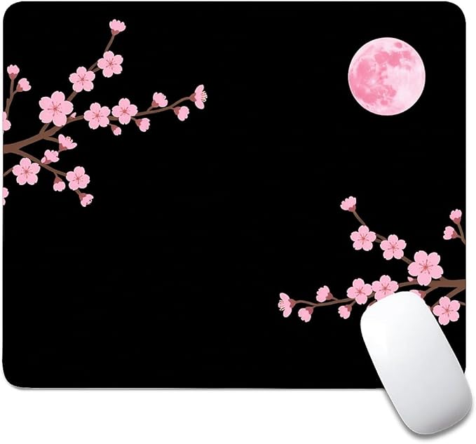 Square Mouse Pad Pink Cherry Blossoms Moon, Personalized Premium-Textured Custom Mouse Mat Design, Washable Mousepad Cloth, Non-Slip Rubber Base Computer Mouse Pads for Wireless Mouse