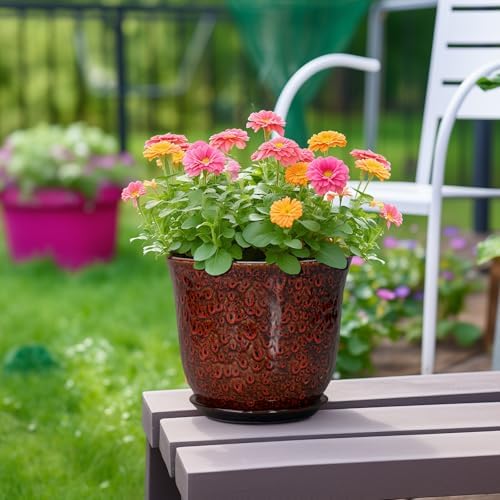 Ceramic Planter - 8 Inch Plant Pot for Indoor Outdoor, Ceramic Flower Pots with Drainage Hole and Saucer, Round Planter, Decorative Plant Pot, Room Home Apartment Decor, Gift for Women, Red - Image 4