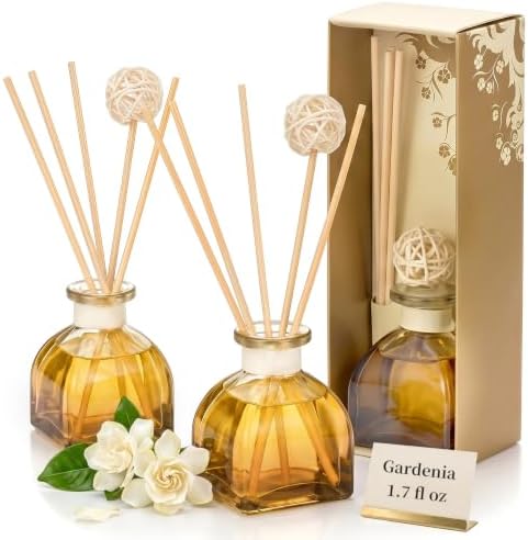 Gardenia Reed Diffuser Set, 2 Pack 1.7 fl oz Glass Bottles, 5 Rattan Sticks & Rattan Ball, Plant-Based Non-Toxic Essential Oil, Creamy Long-Lasting Home Fragrance for Bedroom Living Room by WOHSEROM