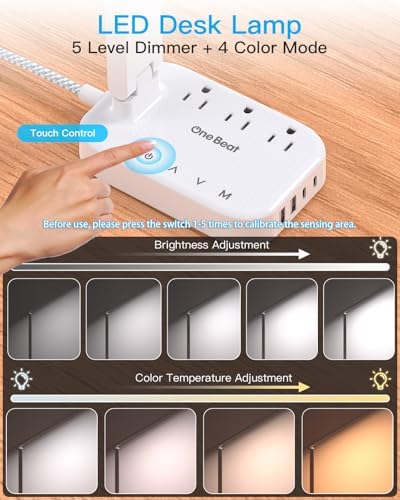 One Beat Small LED Desk Lamp Power Strip 5ft Extension Cord with 3 Outlets 4 USB Ports(2 USB C), 4 Modes, 5 Level Touch Lamp Study Reading Light, Home Office Bedroom College Dorm Room Essentials,White - Image 3