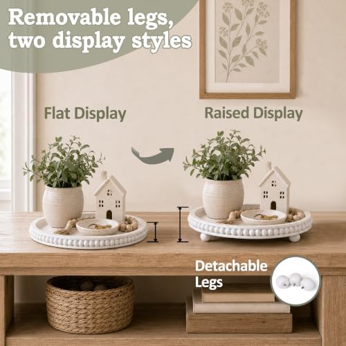 Decorative Coffee Table Tray, 12 Inch White Washed Wooden Beaded Tray with Removable Legs, Rustic Farmhouse Centerpiece Tray for Living Room, Kitchen Counter Decor - Image 2