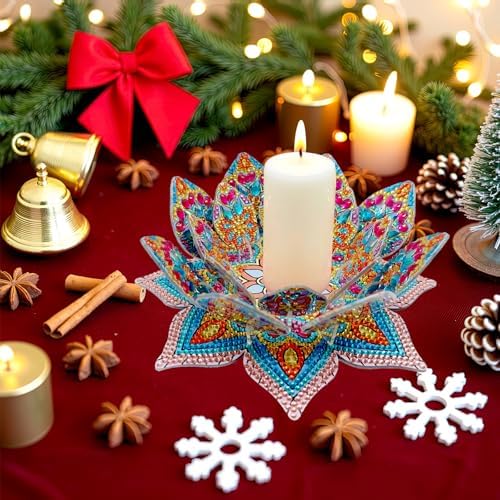 jinglinhh DIY Mandala Lotus Diamond Art Painting Aromatherapy Candle Holder Kit for Adults, Acrylic Diamond Art Tabletop Candlestick Holder Tray Ornaments Craft for Beginners(Blue Orange Lotus) - Image 4