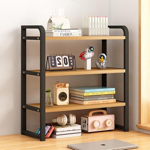 Office Desk Shelf Organizer, Wood Desktop Bookshelf Supplies Storage Rack, Shelf for Top of Desk and Dresser and Cubicle Decor Aesthetic Bookshelf (Black Wood-three Tier, 15.75 Lx7.87 Wx22.05 H) by Janebert