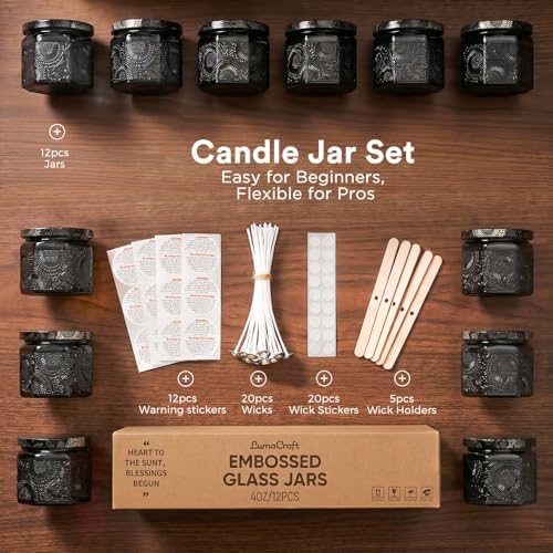 LumaCraft 12 Pack 4oz Glass Candle Jars with Lids, Hexagon Embossed Candle Making Containers, Empty Candle Jars with 20 Wicks & Labels for DIY Candle Making, Party Favors, Home Decor - Image 2