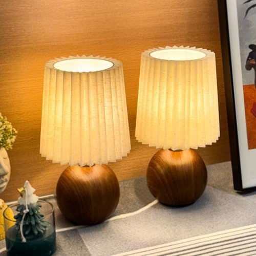 Small Pleated Table Lamp Set of 2 for Bedroom, Mini Bedside Lamps for Nightstand with Round Fabric Linen Shade, Dimmable Desk Lamp, Cute Table Lamps for Small Spaces for Living Room, Kids Room by Unknown