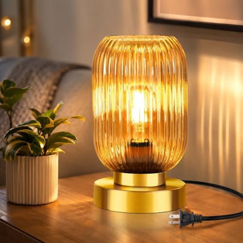 Mid Century Modern Table Lamp with Amber Ribbed Glass Shade,Touch Control & 3 Way Dimmable,Small Gold, Vintage Bedside Lamp for Bedroom, Living Room,Office (Bulb Included) by LEDIKON