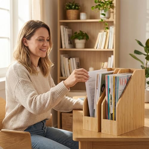Bamboo Desk Organizer ＆ 2 Pack Bamboo File Folder Holder Set - Image 5