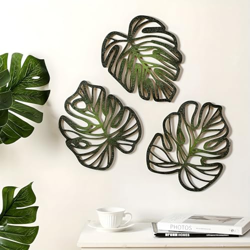 Palm Leaves Wood Wall Decor, 3Pcs Tropical Wall Art Jungle Decor, Wooden Natural Leaves Plant Wall Decor, Vintage Tropical Plant Plaque for Home Living Room Kitchen Bedroom Bathroom & Garden, Green by Unknown