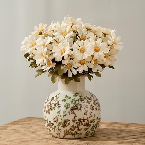 SIDUCAL Ceramic Green and Beige Antique Vase, 5.91 Inch Retro Ice Cracked Chinoiserie Floral Vase, Rustic Farmhouse Vases for Home Decor, Bookshelf, Office, Garden, Chinoiserie Decor, Tuscan Decor by SIDUCAL
