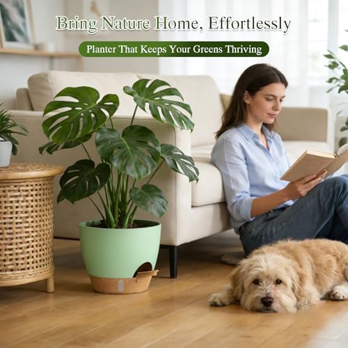 Plant Pots, 1 Pack 12 Inch Self Watering Pots with Drainage Holes, Water Level Indicator Deep Reservoir, Large Planters for Indoor Outdoor Plants - Green Brown - Image 5