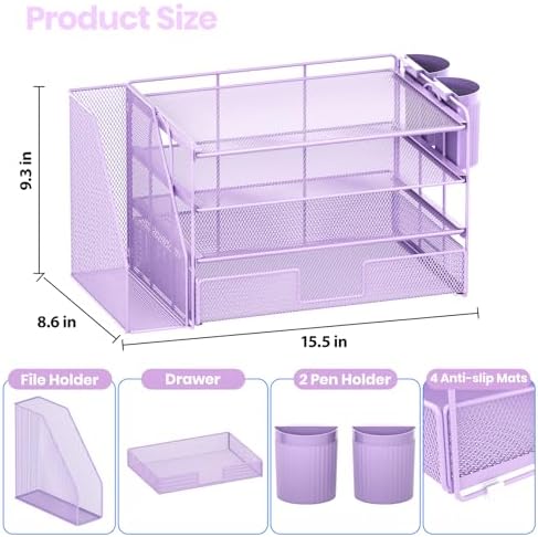 OPNICE Desk Organizer, 4-Tier Desktop File Organizer with Drawer and Pen Holders, Office Desk Accessories, File Sorters, Workspace Organizers for Office Supplies(Purple) - Image 4