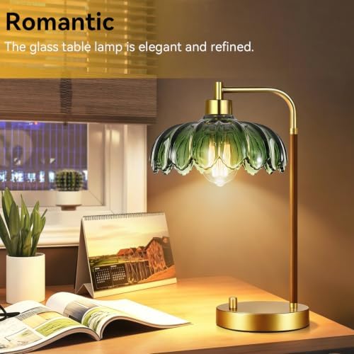 ILLMTW Vintage Table Lamp for Bedroom Living Room,Small Bedside Lamps Dimmable Bedroom Lamp with Glass Green Flower LampShade,Mid Century Modern Mini Nightstand Lamp Gold Boho Side Table Lamp - Image 3