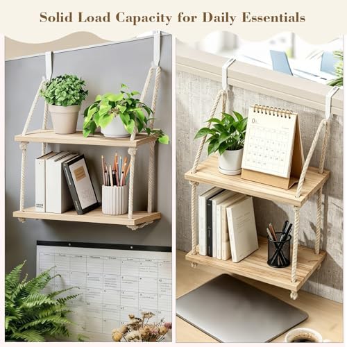 2 Tier Cubicle Shelf with Hooks, Wooden Hanging Organizer for Office - Image 5