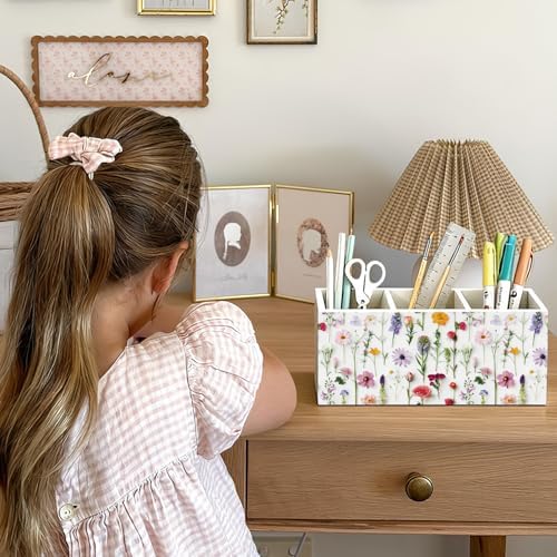Floral Pen Pencil Holder for Desk Accessories, Cottagecore Colorful Wildflower Botanical Wooden Box Sign Decorations for Girls Room Bedroom Dorm Home Office Desk Tabletop - Image 4