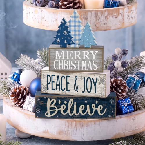 Moucuny 4 Pcs Christmas Table Decorations Blue Christmas Tree Stacked Wooden Sign Decor Rustic Winter Tiered Tray Decor Blue and White Xmas Table Centerpiece Farmhouse for Home Kitchen Shelf - Image 3