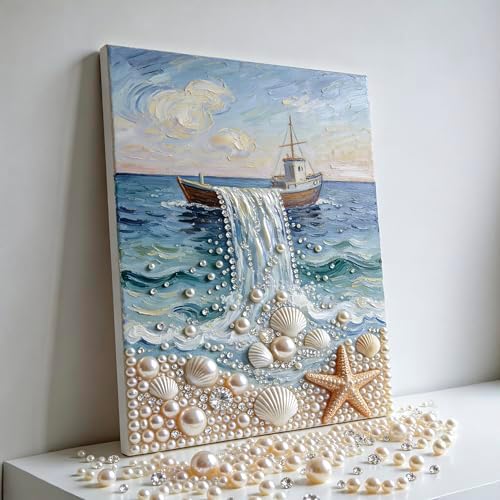 Mrchfr Wave Pearl Painting Kit for Adults & Beginners, DIY Ocean Theme DIY All-Pearl Dot Painting, Stress Relief Art Craft Supplies for Gift Home Wall Decor, No Frame (Style E) by Mrchfr
