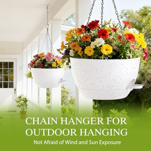 10 Inch Hanging Baskets 2 PC with Chains, Self-Watering Hanging Planters for Indoor Outdoor Plants, Plastic Hanging Flower Pots,Speckled White - Image 5