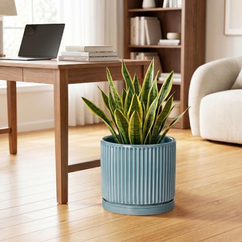 Ceramic Planter 10 Inch, Round Plant Pots with Saucer, Glaze Blue - Image 3