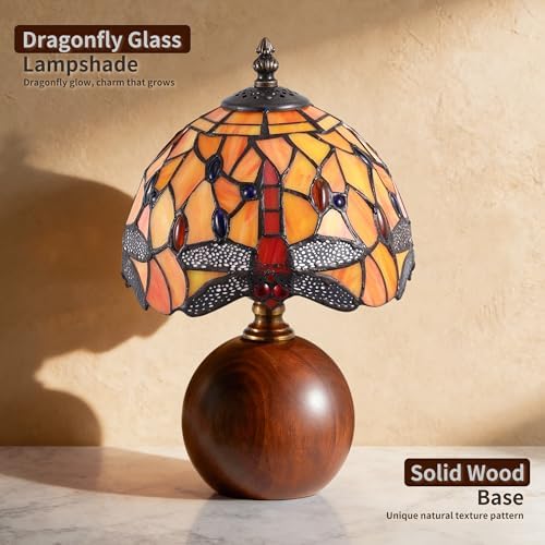 12.2" Retro Dragonfly Tiffany Small Table Lamp with Wood Base - Image 2