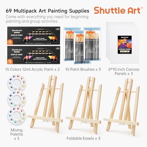 Shuttle Art 69 Pack Painting Kit for Adults and Couples, Sip and Paint for Date Night & Crafts, with 2 Packs 15-Color Acrylic Paint, 3 Wooden Easels, Canvas, Brushes & Palettes - Image 3