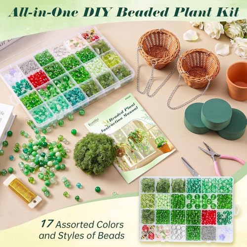 Ecoofor Green Beads Beaded Plant Kit, Makes 3 Plant Pots, Glass & Crystal Leaf Pieces, Video Tutorials Included, Handmade Gift for Plant Lovers, Beaded Plant Kit - Image 5