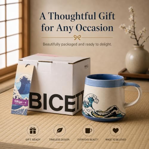 BICETTO Japanese Coffee Mug, Ukiyo-e Great Wave, Handmade 15oz Ceramic Cup - Image 6