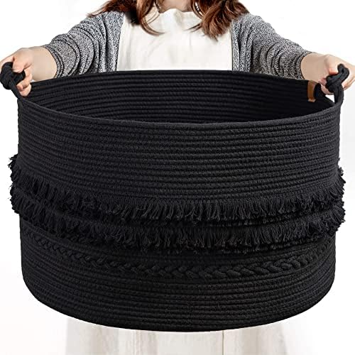 CherryNow 90L Large Woven Rope Blanket Basket with Tassel, 22" x 14", Black by CherryNow